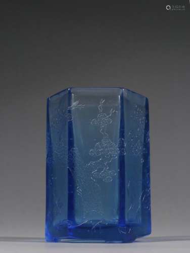 Blue Glass Brush Pot With Pattern Of Pine ,China