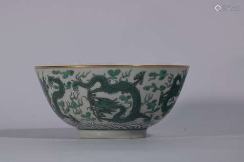 Green Glazed Porcelain Gold Painted Bowl With Pattern Of Dra...