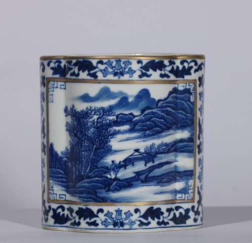 Blue And White Porcelain Gold Painted Brush Pot ,China