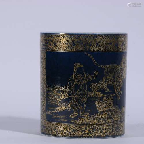 Blue Glazed Porcelain Gold Painted Brush Pot ,China