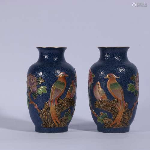 A Pair Of Blue Glazed Porcelain Bottles With Pattern Of Flow...