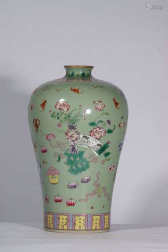 Green Glazed Famille Rose Porcelain Bogu Bottle ,China