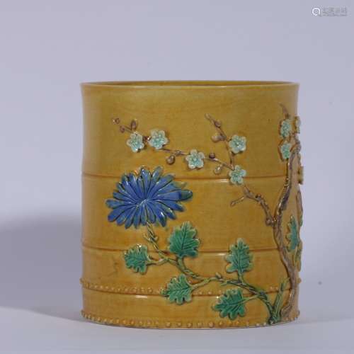 Yellow Glazed Porcelain Brush Pot ,China