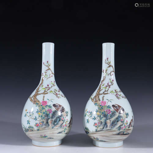A Pair Of Enamel Porcelain Bottles With Pattern Of Flower An...