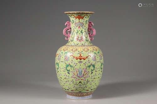 Green Ground Famille Rose Porcelain Bottle ,China