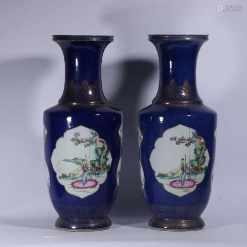 Blue Glazed Porcelain Gold Painted Bottle With Pattern Of Fi...