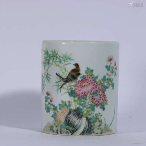 Famille Rose Porcelain Brush Pot With Pattern Of Poetry ,Chi...