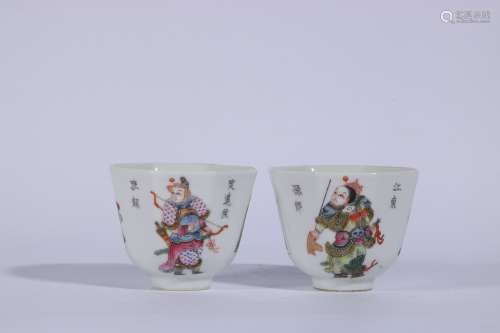 A Pair Of Famille Rose Porcelain Warrior Cups ,China