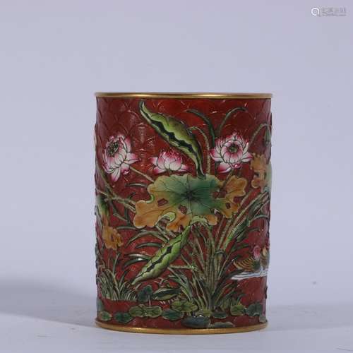 Porcelain Brush Pot With Pattern Of Flower And Bird ,China