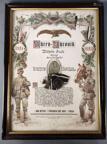 Honorary Chronicle of Wilhelm Sude, WW1, framed Ir…