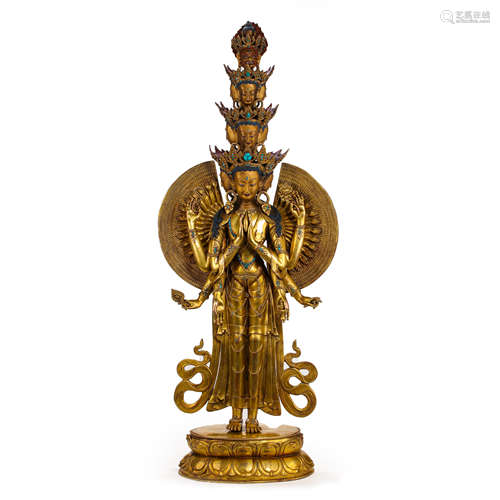 CHINESE MING DYNASTY GILT BRONZE BUDDHA STATION STATUE