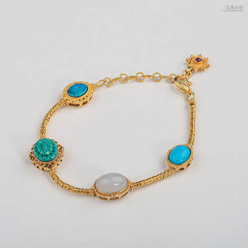 CHINESE QING DYNASTY TURQUOISES HETIAN JADE 20K GOLD BRACELE...