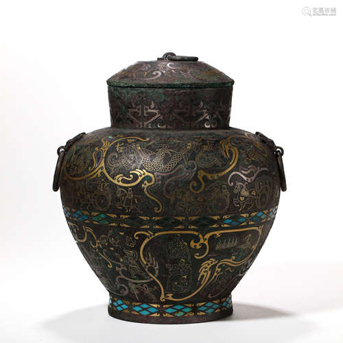 CHINESE WARRING STATES PERIOD BROZE POT INLAID WITH GOLD AND...