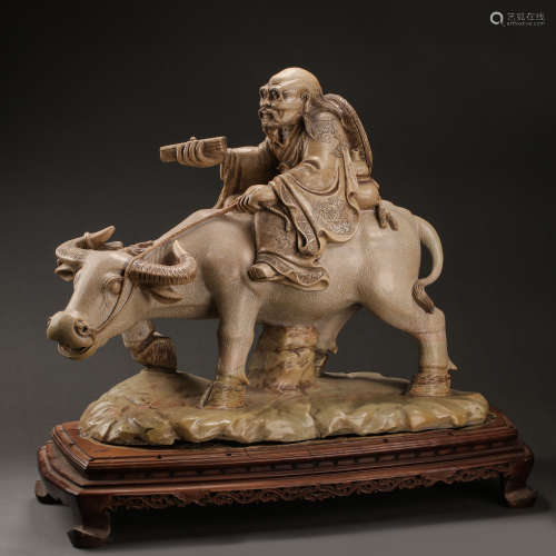 CHINESE QING DYNASTY LAOZI RIDE A COW SHOUSHAN STONE ORNAMEN...