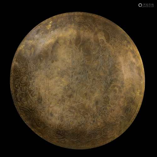 CHINESE LIAO DYNASTY GILT BRONZE ENGRAVED BUDDHA PLATE