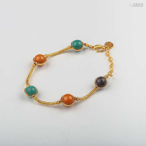 CHINESE QING DYNASTY SOUTH RED TURQUOISES 20K GOLD BRACELET