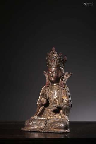 Copper with Gold Painted Seated Statue of Avalokitesvara