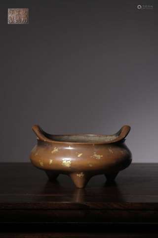 Copper inlaid Gold-dust Censer with Tri-legs and Bridge-ears...