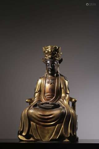 Copper with Gold Painted Seated Statue of Avalokitesvara, Qi...