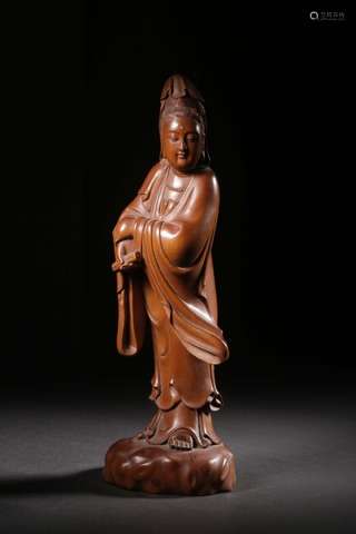 Boxwood Carved Statue of Avalokitesvara with Sutra, Qing Dyn...