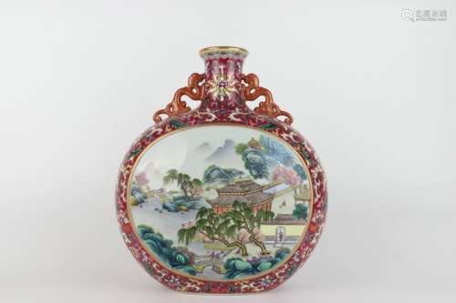 Famille Rose Moon Flask with Landscape and Figure Patterns o...