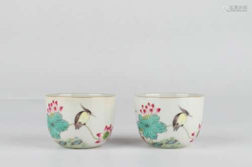 Pair Famille Rose Lotus Leaf Cups, Yongzheng Reign Period, Q...