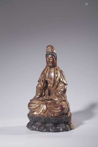 Wood-bodied Gold Laquer Sitting Statue of  Avalokitesvara, Q...