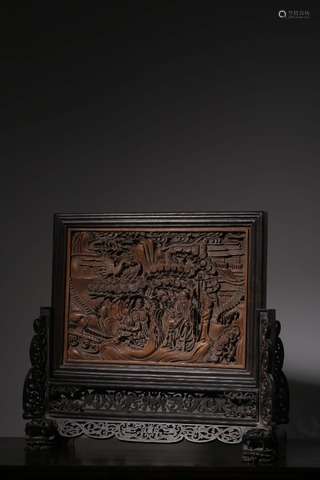 Bamboo inlaid Rosewood Carved Screen with Figure Stories, Qi...