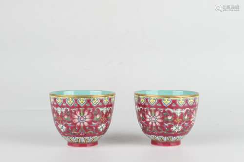 Pair Famille Rose Cups with Flower Design on a Purple  Groun...