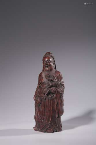 Bamboo Carved Statue of Old man holding a deer, Qing Dynasty