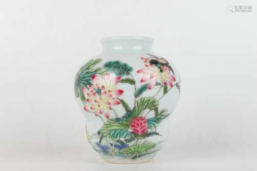 Famille-rose colored Small Jar with Lotus Flowers, Yongzheng...