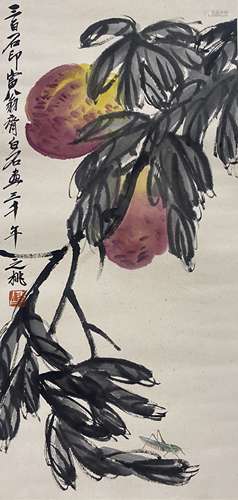 Longevity Peach and Mantis, Mounting with Frame, Qi Baishi