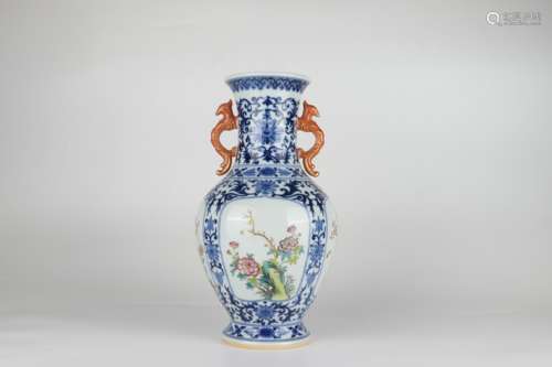 Blue-and-white Two Ears Vase with Famille Rose Design and Re...