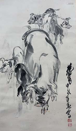 Pigs, Hanging Scroll, Huang Zhou