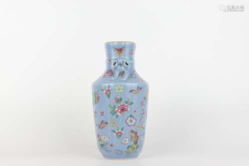 Famille-rose Enameled Vase with Floral Design and Ribbon Pat...