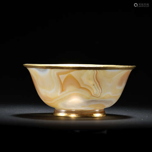 CHINESE AGATE SILVER GILT RIMMED BOWL FROM LIAO DYNASTY