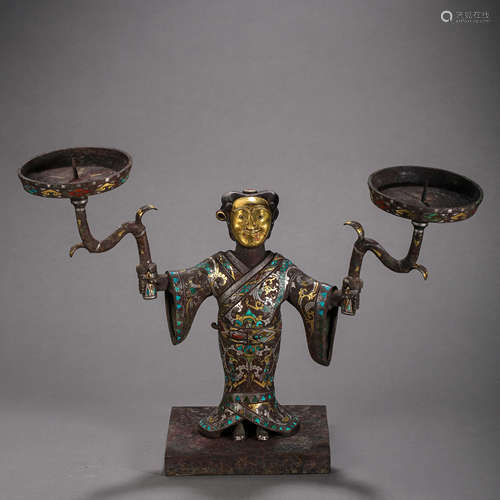 CHINESE WARRING STATES PERIOD BRONZE CANDLESTICK INLAID WITH...