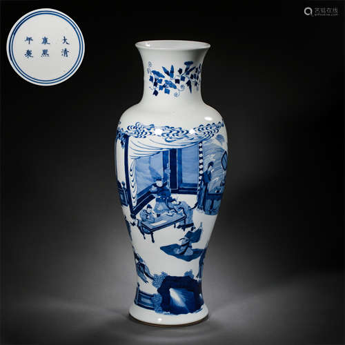 CHINESE QING DYNASTY KANGXI PERIOD BLUE AND WHITE FIGURE BOT...