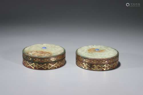 Pair Silvering and Gold Plating Covered Boxes inlaid Jade