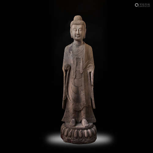 CHINESE TANG DYNASTY SANDSTONE BUDDHA STANDING STATUE