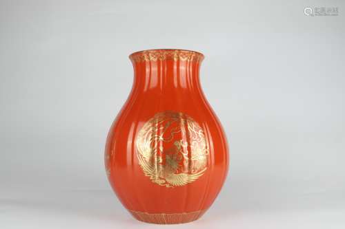 Iron Red Glazed Zun-vase with Gold-traced Design and Phoenix...