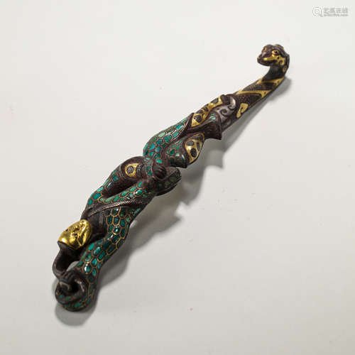 CHINESE WARRING STATES PERIOD BRONZE BELT HOOK INTERLACED WI...