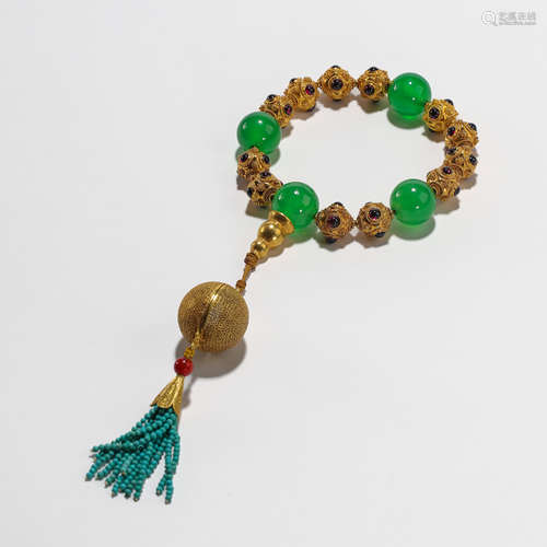 CHINESE QING DYNASTY 22K GOLD BEAD FLOWER SILK SACHET JADE B...