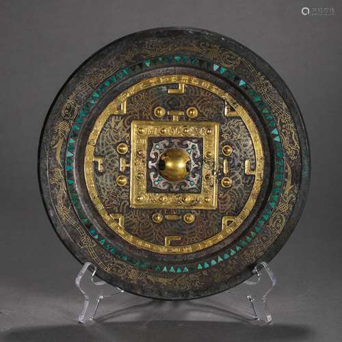 CHINESE WARRING STATES PERIOD BRONZE MIRROR INLAID WITH GOLD...