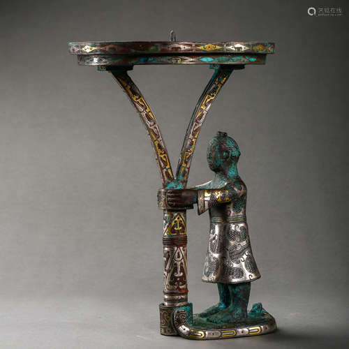 CHINESE WARRING STATES PERIOD BRONZE CANDLESTICK INLAID WITH...