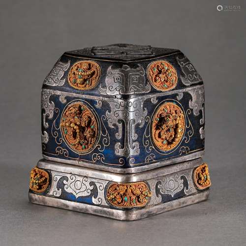 CHINESE TANG DYNASTY TRIBUTE BOX INLAID WITH GOLD, SILVER