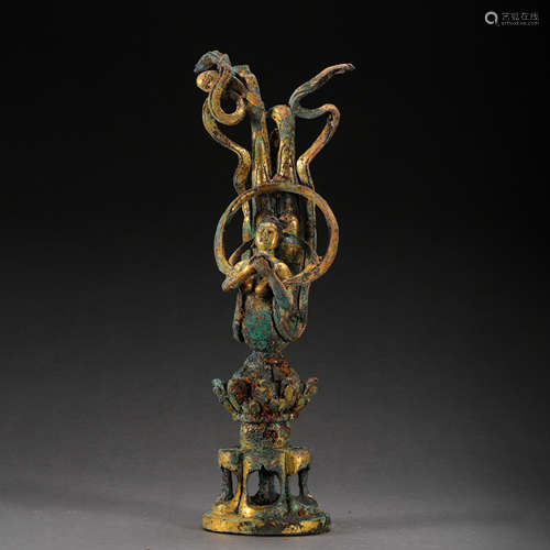 CHINESE TANG DYNASTY GILT BRONZE FLYING APSARAS