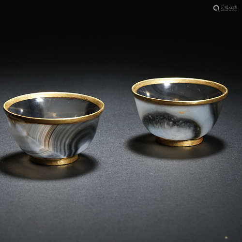 CHINESE AGATE GILT RIMMED BOWL INLAID WITH SILVER FROM LIAO ...