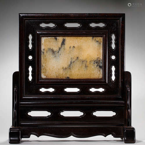 CHINESE SMALL LEAF ROSEWOOD INLAID MARBLE SCREEN FROM QING D...