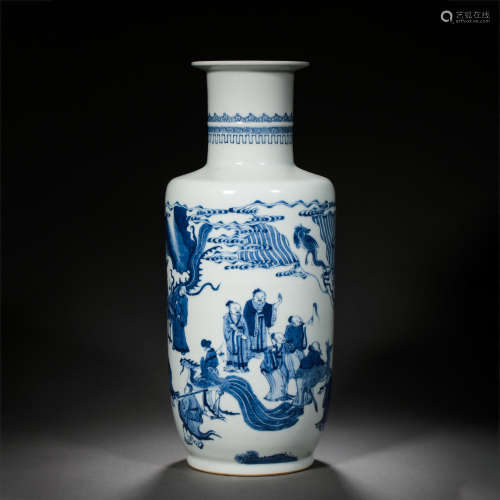 CHINESE QING DYNASTY KANGXI PERIOD BLUE AND WHITE FIGURE VAS...